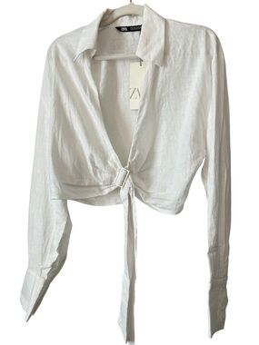 Zara white cropped tie front long sleeve collared top 4764/111/250 NWT medium